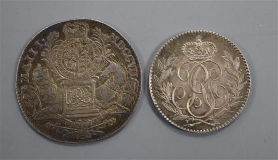 A silver sixpence 1790 Pattern by Droz, GEF and an England and Union of Scotland 1707 silver medal by J. Croker, F